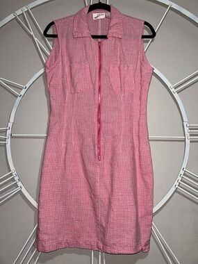 Mobility 1960’s Sleeveless Pink Gingham Zip-Front Vintage Linen/Cotton Dress